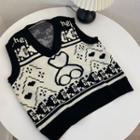 Bear Jacquard V-neck Knit Vest Black & White - One Size