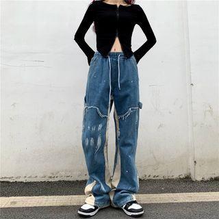 Paneled Paint Splatter Wide Leg Jeans
