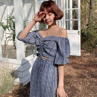 Set: Plaid Elbow-sleeve Top + Midi Straight-fit Skirt Set - Top - Plaid - Black & White - One Size / Straight-fit Skirt - Plaid - Black & White - One Size