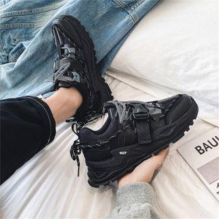 Mesh Panel Buckled Lace-up Athletic Sneakers