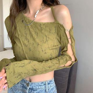 Long-sleeve Off-shoulder Tie-dye Crop Top Green - One Size