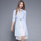 Set: Striped Front Slit 3/4 Sleeve Shirtdress + Midi Lace Skirt