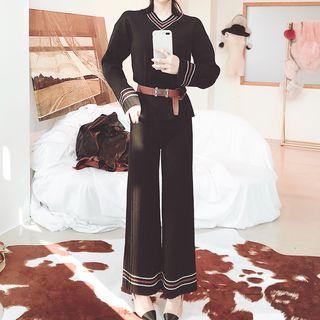 Set: Contrast-trim Sweater + Knit Wide-leg Pants