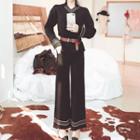 Set: Contrast-trim Sweater + Knit Wide-leg Pants