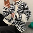Stand Collar Checkerboard Cardigan Cardigan - Plaid - Black & White - One Size