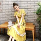 Smocked-waist Fringe-trim Dress Yellow - One Size