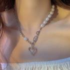 Heart Pendant Faux Pearl Stainless Steel Necklace 1 Pc - Silver - One Size
