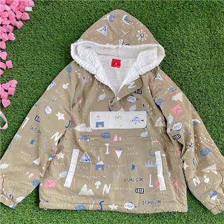 Cartoon Print Fleece-lined Hoodie Khaki - One Size