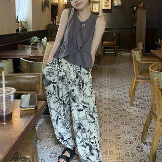 Sleeveless Irregular Flowy Blouse / Floral Wide Leg Pants