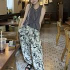 Sleeveless Irregular Flowy Blouse / Floral Wide Leg Pants