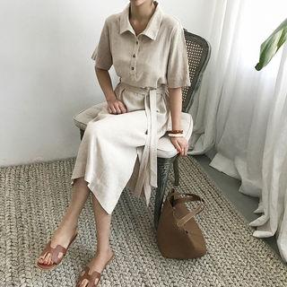 Linen Blend Midi Shirtdress With Sash