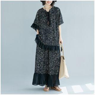 Set: Elbow-sleeve Patterned Top + Wide-leg Pants