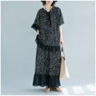Set: Elbow-sleeve Patterned Top + Wide-leg Pants