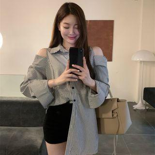 Long-sleeve Cold-shoulder Striped Shirt Stripe - One Size