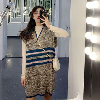 Mock-turtleneck Long-sleeve T-shirt + V-neck Striped Knit Vest