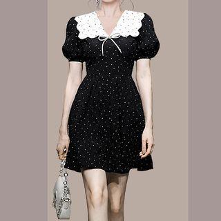 Puff-sleeve Collar Dotted Mini A-line Dress