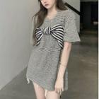 Short-sleeve Striped Bow T-shirt Stripe - One Size