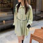 Long-sleeve Mini A-line Shirtdress Green - One Size
