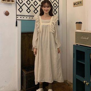 Long-sleeve Frill Trim Midi Dress Almond - One Size