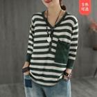 Striped 3/4-sleeve Henley Knit Top