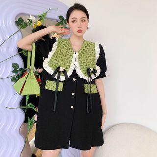 Puff-sleeve Printed Collar A-line Dress
