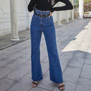 Distressed Trim High Waist Boot-cut Jeans