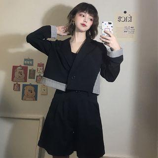 Set: Striped Panel Crop Blazer + Wide-leg Shorts