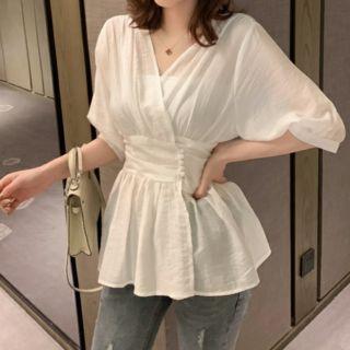 Chiffon Short-sleeve Gathered-waist Top