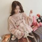 Embroidered Lace-cuff Furry Pullover