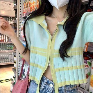 Short-sleeve Striped Zip Polo Knit Top