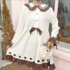 Long-sleeve Collared A-line Dress White - One Size