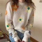 Embroidered Round-neck Sweater As Shown In Figure - One Size