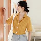 Striped Elbow-sleeve Shirt Yellow - One Size
