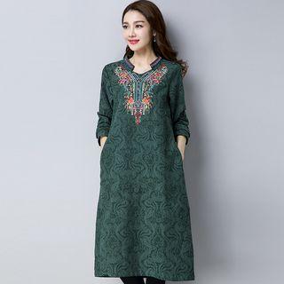 Long-sleeve Midi Embroidered Dress Dark Green - 2xl