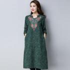 Long-sleeve Midi Embroidered Dress Dark Green - 2xl
