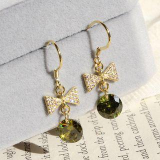 Rhinestone Bow Dangle Earring Green - One Size