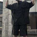 3/4-sleeve Buckled Strap Striped Shirt / Wide-leg Shorts