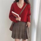 V-neck Long-sleeve Knit Top / Plaid Mini A-line Pleated Skirt