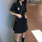 Double-breasted Short-sleeve A-line Dress Black - One Size