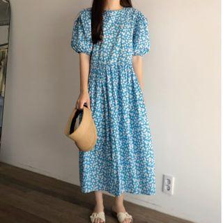 Puff-sleeve Floral Dress Blue - One Size