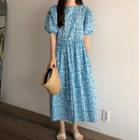 Puff-sleeve Floral Dress Blue - One Size