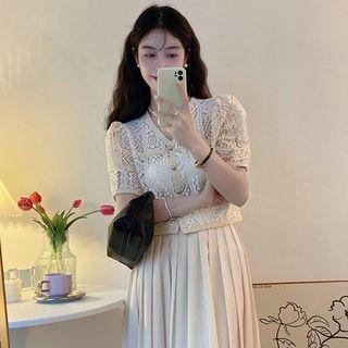 Short-sleeve V-neck Lace Cropped Blouse Light Almond - One Size