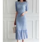 Round-neck Ruffle-hem Perforated Knit Dress