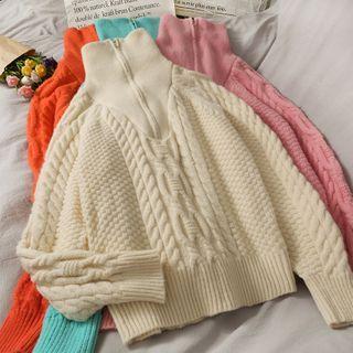 Mock-neck Plain Striped Zip Sweater