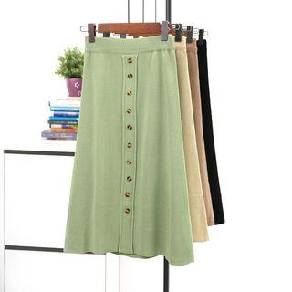 Buttoned Slit-hem A-line Knit Skirt
