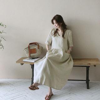 V-neck Shirred-waist Long Linen Dress