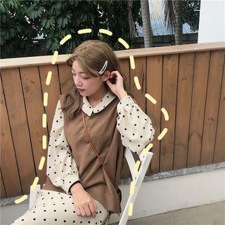 Plain Knit Vest / Lace Blouse / Dot Long-sleeve Loose-fit Dress
