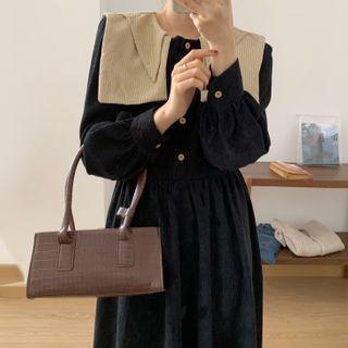 Long-sleeve Contrast Collar Corduroy Midi A-line Dress