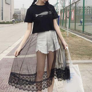 Lace Hem Printed Short Sleeve T-shirt