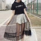 Lace Hem Printed Short Sleeve T-shirt